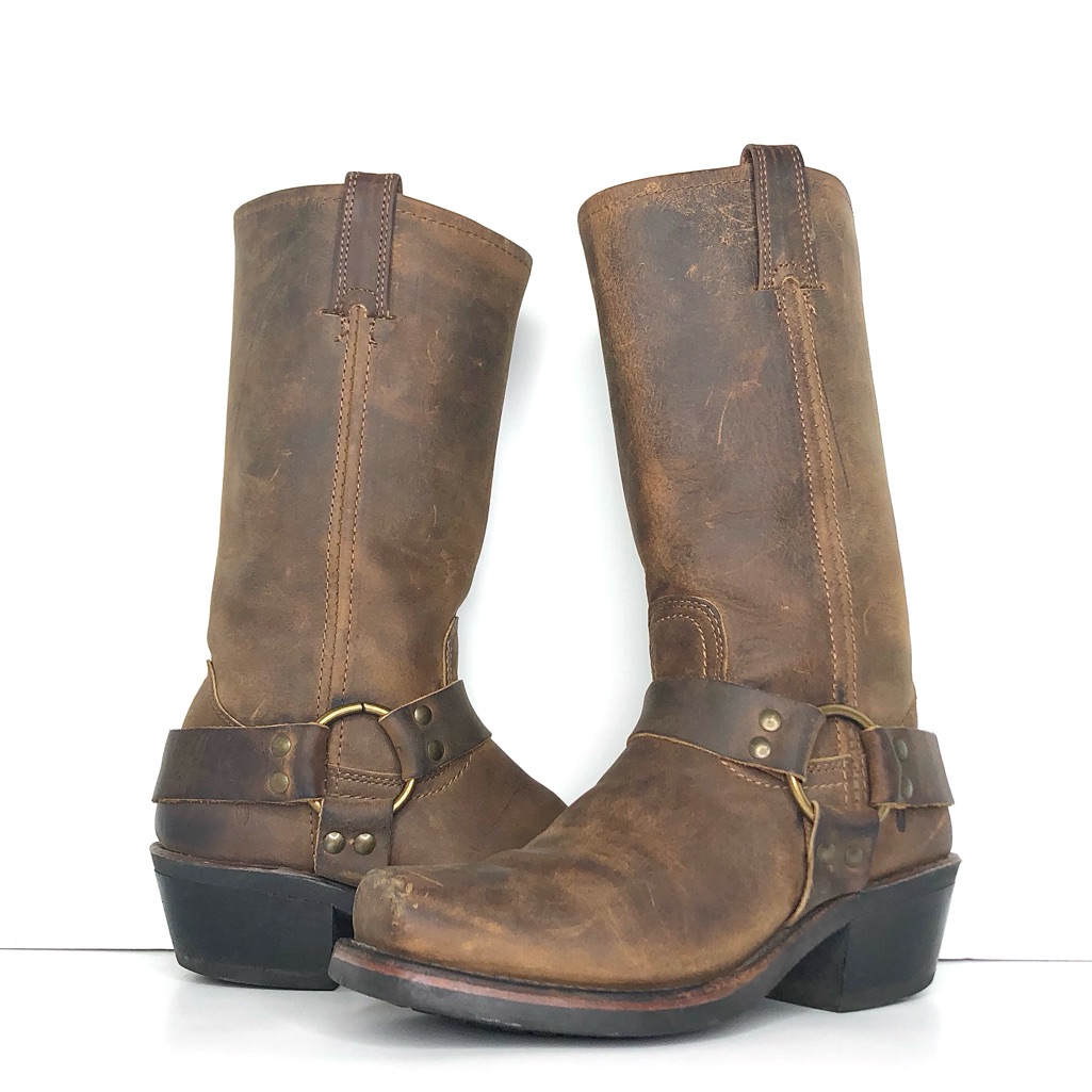 Frye 12r Harness Brown Leather Pull On Western Square Toe Boots Womens 6.5 Shoes